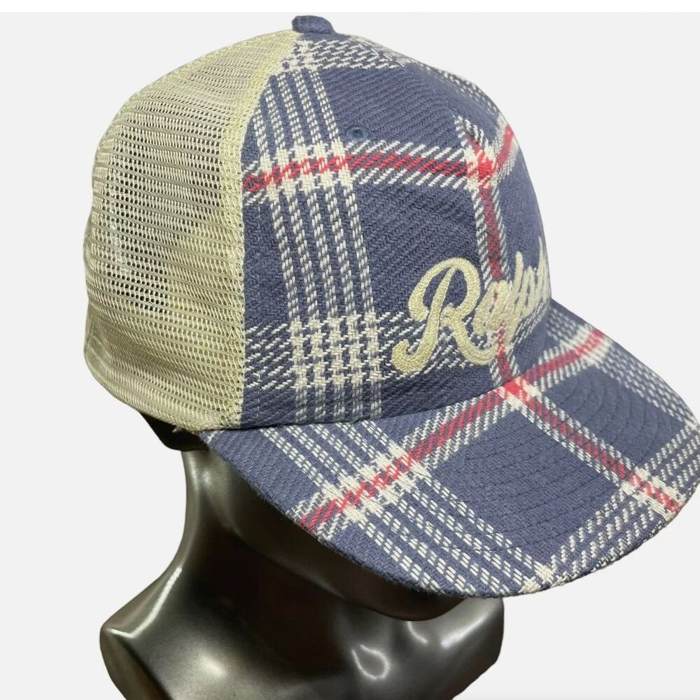 NWT Polo Ralph Lauren Embroidered Plaid Trucker Cap Hat Navy Off White RARE